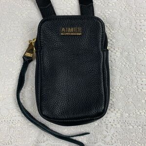 Aimee Kestenberg Black Leather Crossbody Bag Gold Zip & logo Camo Lined Tassel